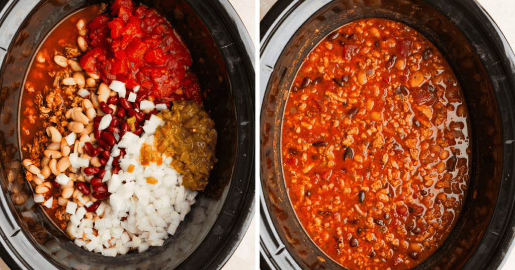 Above view of side by side pictures of turkey chili ingredients in the slow cooker and the finished chili