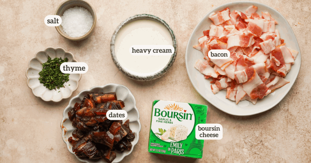 Above view of ingredients for a bacon wrapped date dip recipe with labels on each ingredient