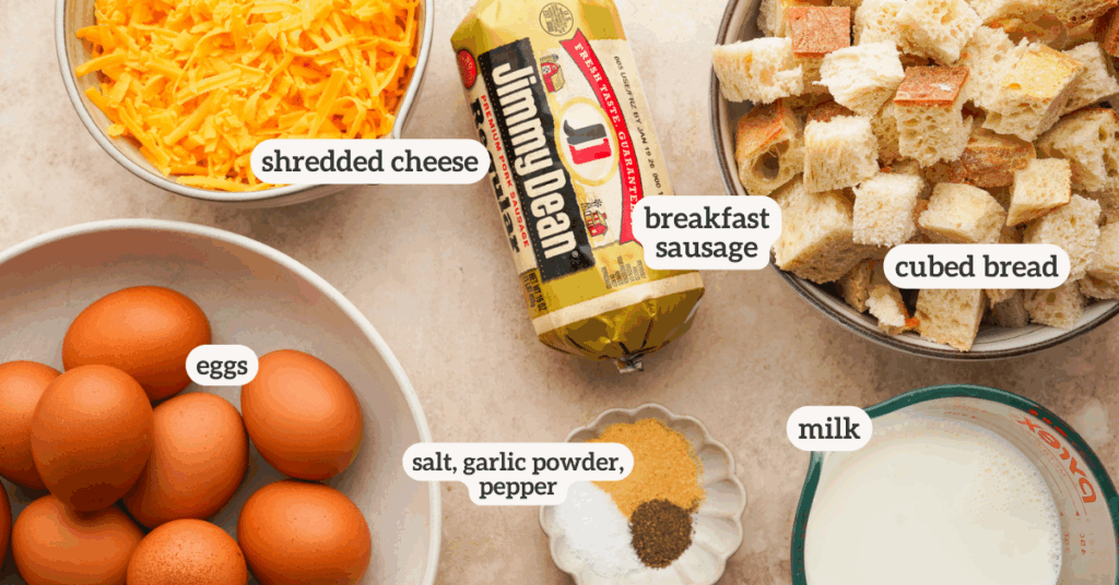 Ingredients for a make ahead strata recipe with labels on each ingredient