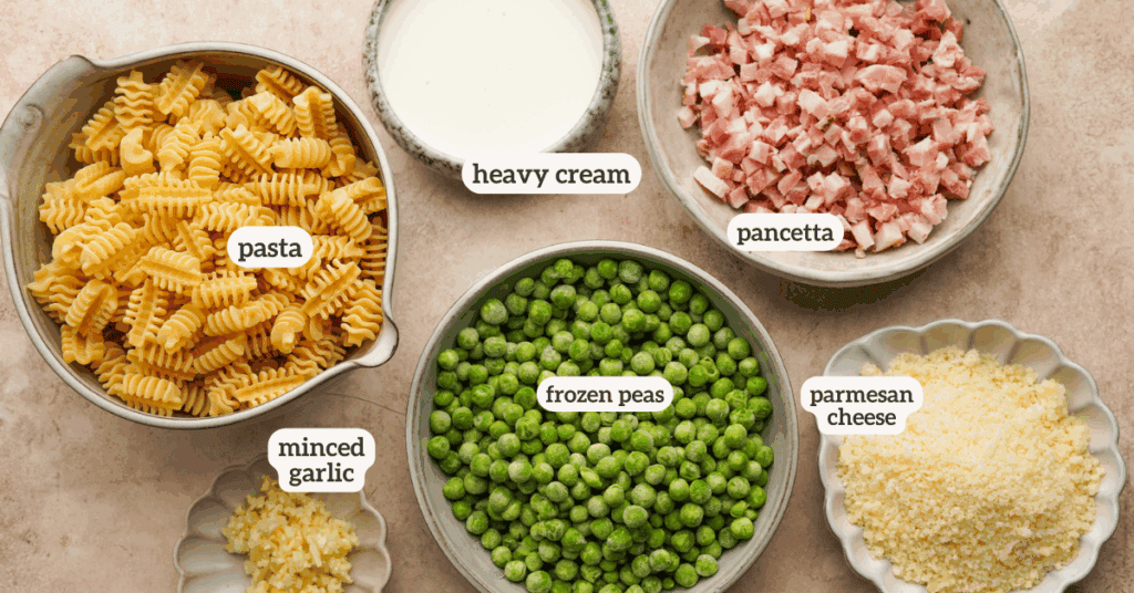 an above view image of the ingredients for pasta with pancetta and peas with labels on them
