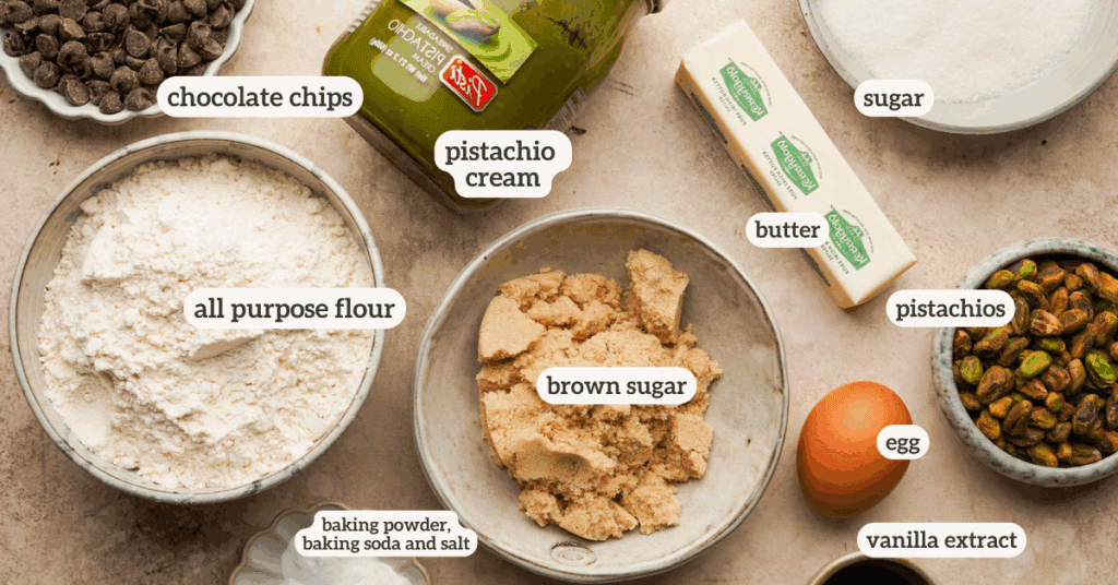 Above view photo of ingredients for pistachio cookies with labels on each ingredient