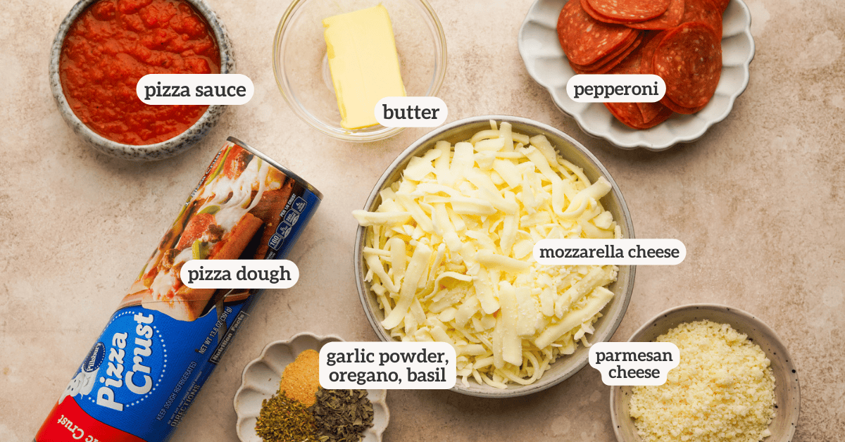 ingredients for pizza pinwheels with labels on them