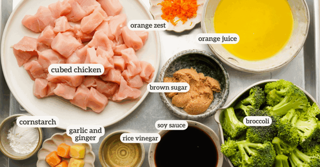 an above view photo of the ingredients for orange chicken and broccoli with labels on them