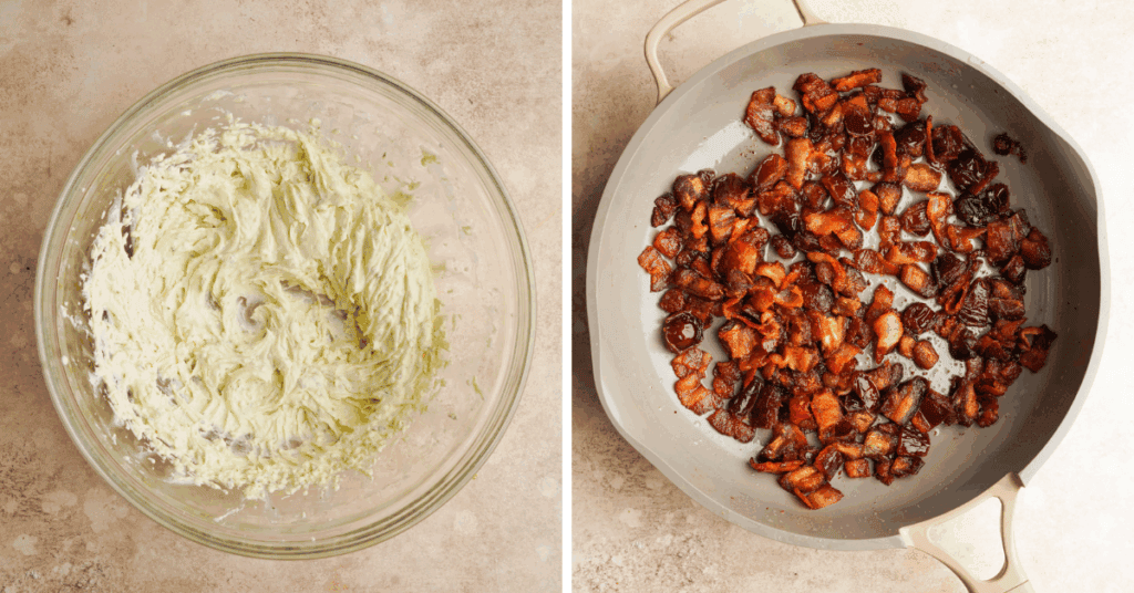 a picture of whipped boursin cheese in a bowl next to a picture of sauteed bacon and dates in a frying pan