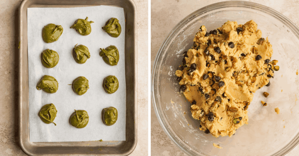 A photo of frozen pistachio cream dollops on a sheet pan next to a photo of pistachio chocolate chip cookie dough