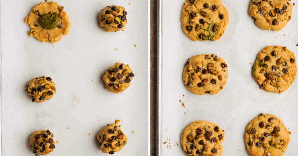 A photo of pistachio cookie dough being wrapped around a pistachio cream dollop next to a photo of pistachio chocolate chip cookies baked on a baking sheet
