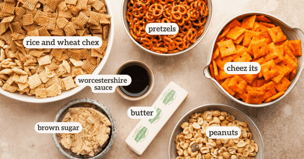 Ingredients for sweet and salty chex mix with a label on each ingredient