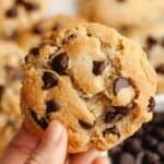 a hand holding a grain free chewy chocolate chip cookie above more cookies