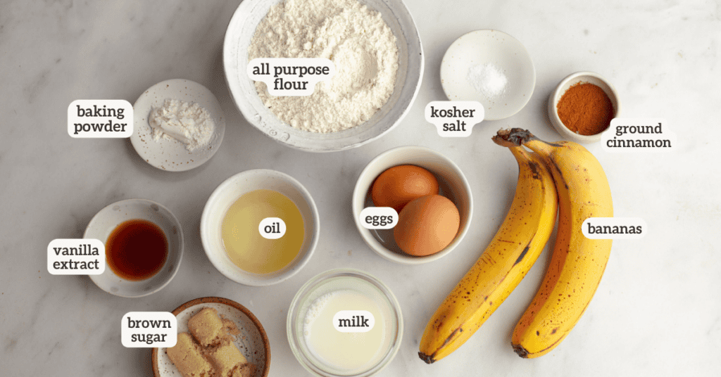 ingredients for banana waffles with a label on each ingredient