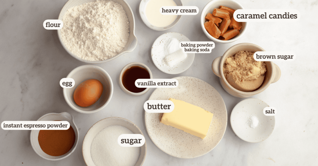 ingredients for caramel latte cookies spread out in jars and on plates