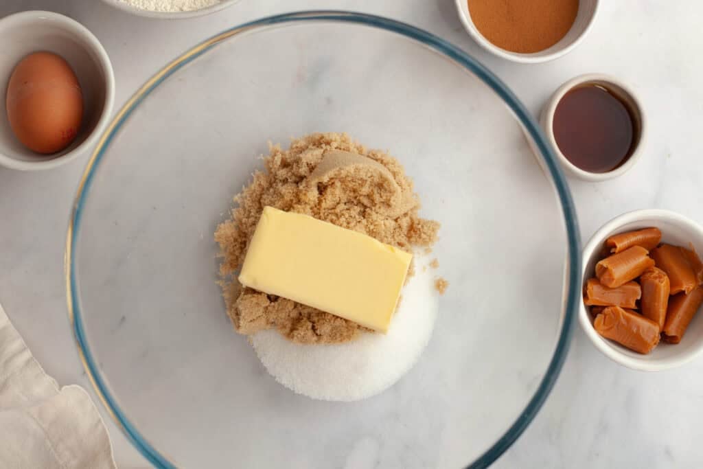 butter, sugar, and brown sugar in a mixing bowl
