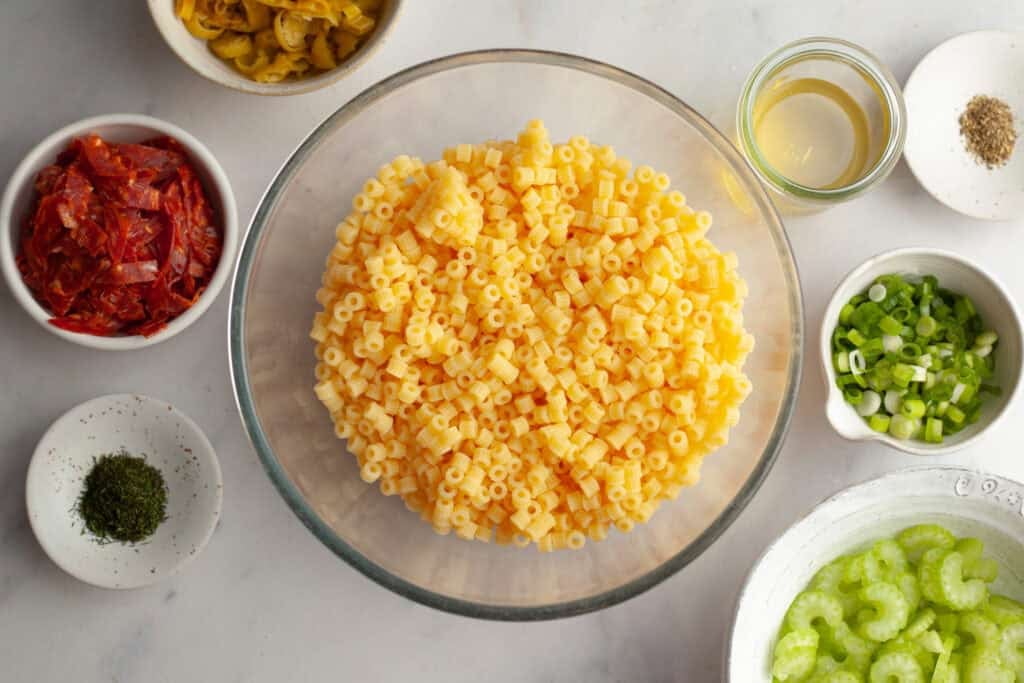 cooked ditalini pasta in a large mixing bowl