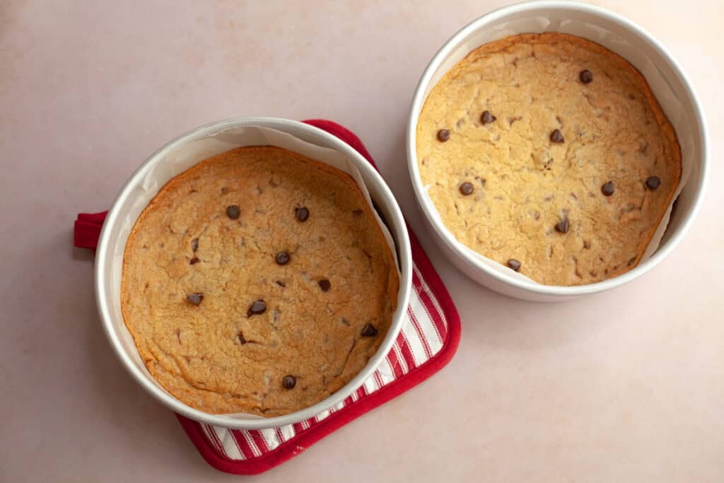 fully baked cookie cakes in 2 pans