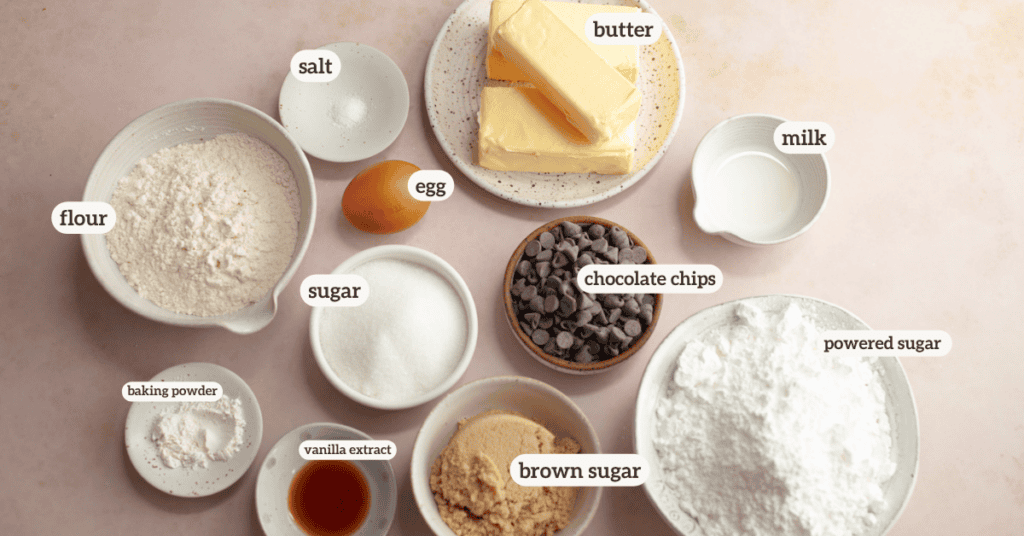 full ingredients for a layered cookie cake recipe