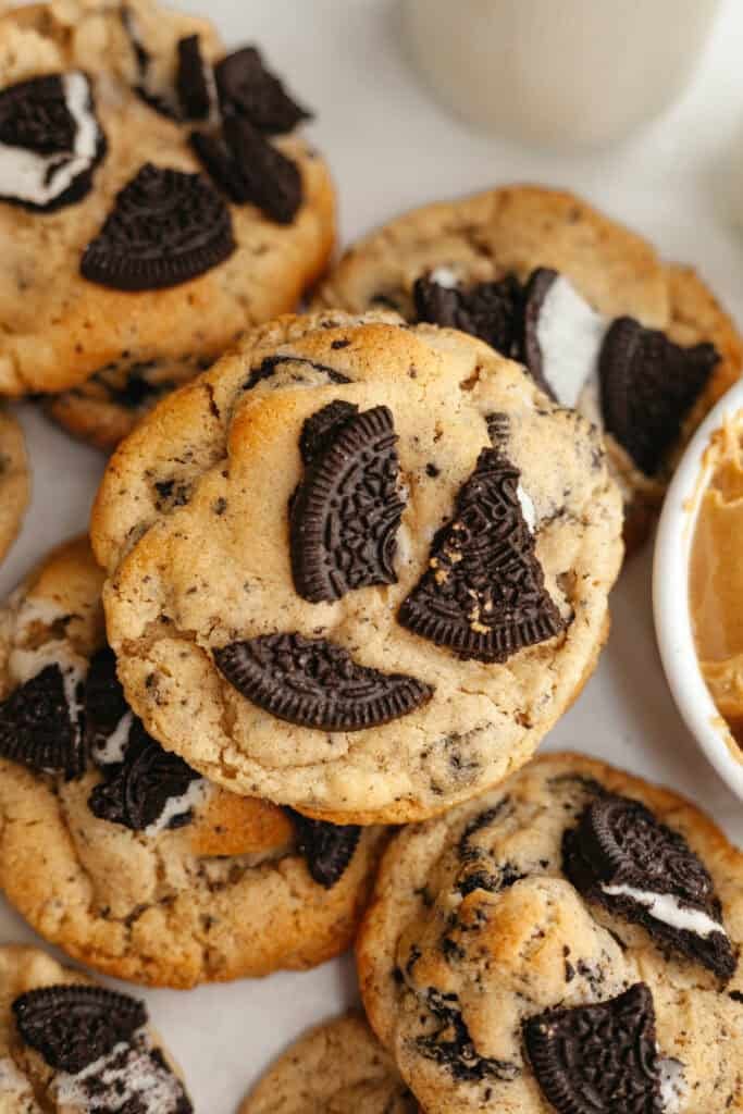 stack of peanut butter oreo cookies on a plate