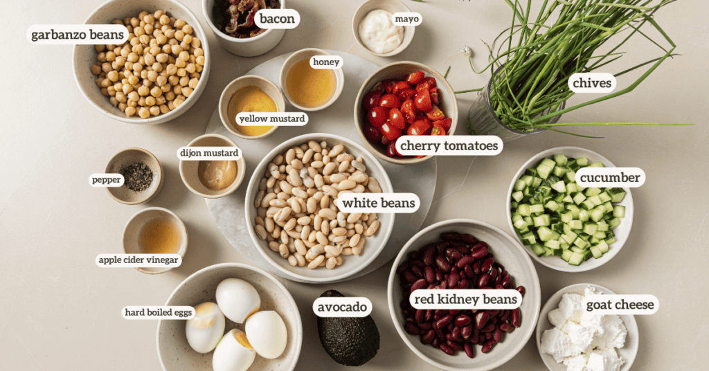 three bean chopped cobb salad ingredients in small bowls with a label on each ingredient