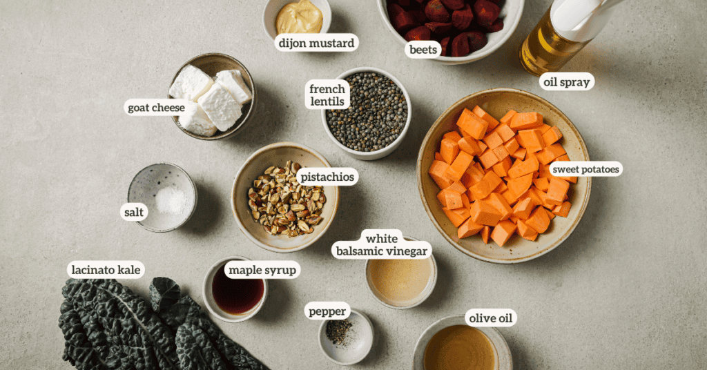 the ingredients for roasted beet and lentil salad in small bowls with labels on them