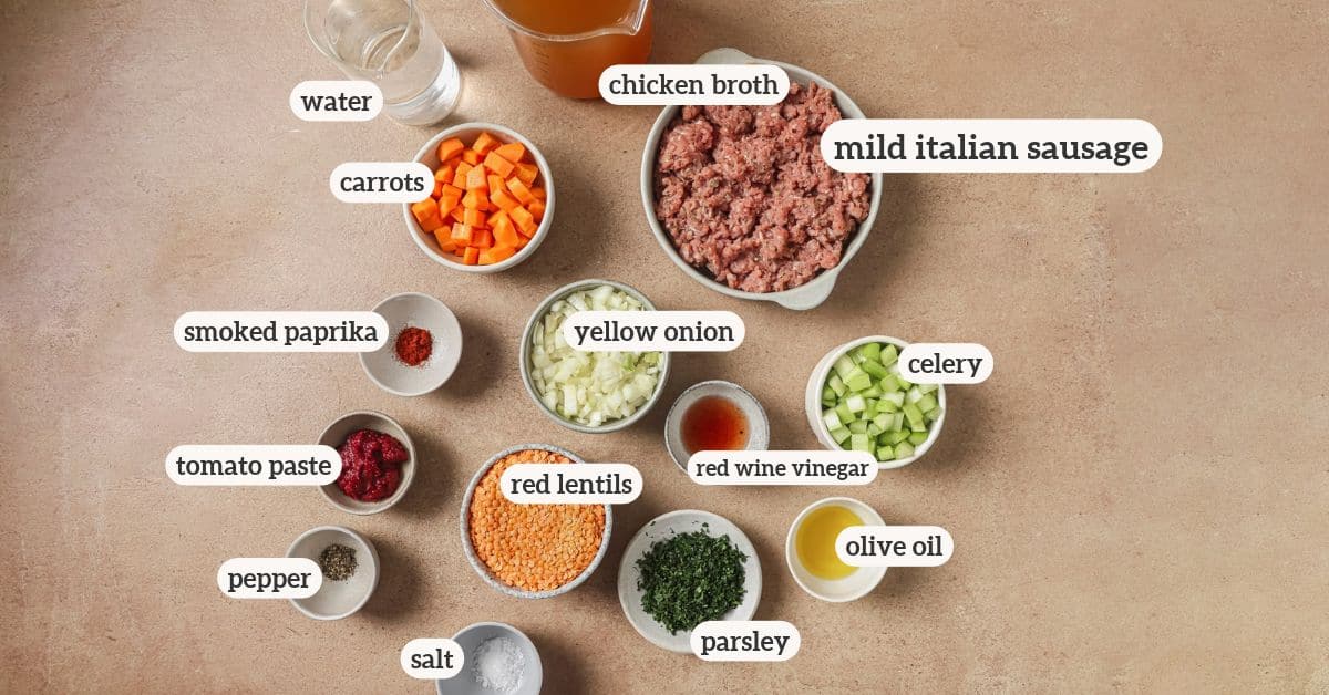 red lentil and sausage soup ingredients in small bowls with labels on them